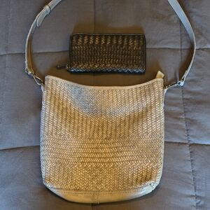 Real Leather Woven Gray Crossbody And Black Wallet